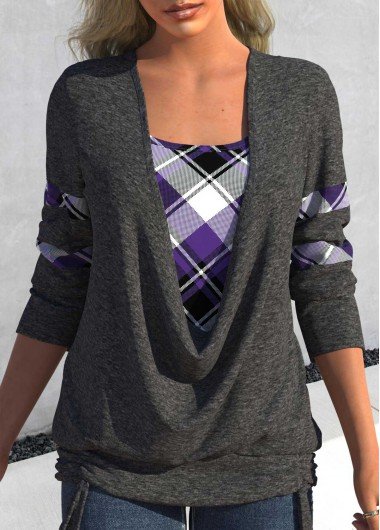 Dark Grey Marl Drawstring Plaid Long Sleeve Sweatshirt