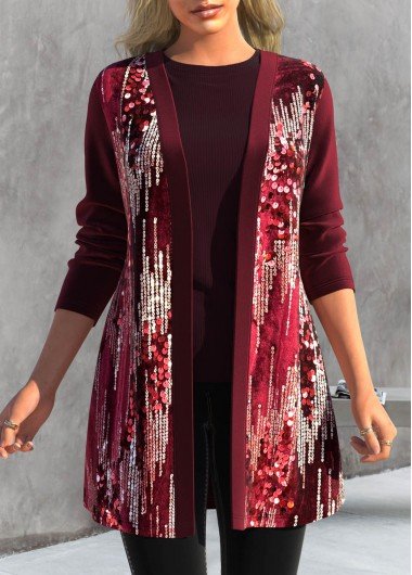 Wine Red Sequin Long Sleeve Coat