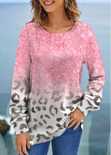 Light Pink Leopard Long Sleeve Round Neck Sweatshirt