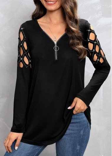 Black Zipper Long Sleeve V Neck T Shirt