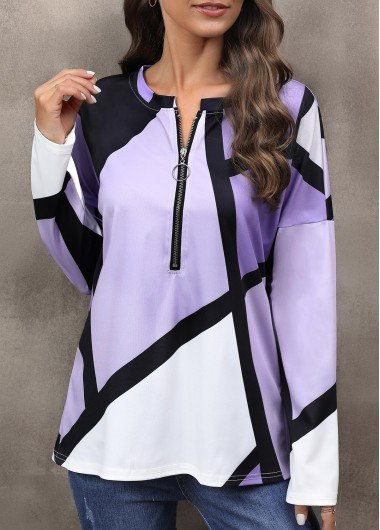 Purple Zipper Long Sleeve Round Neck T Shirt