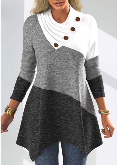 Decorative Button Patchwork Long Sleeve Asymmetrical Neck Sweatshirt