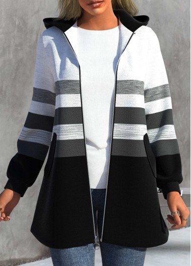 Black Zipper Striped Long Sleeve Hooded Jacket