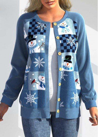 Blue Patchwork Christmas Print Long Sleeve Cardigan