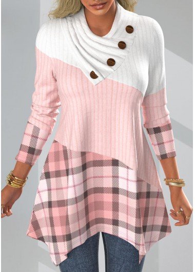 Pink Plaid Long Sleeve Asymmetrical Neck Sweatshirt