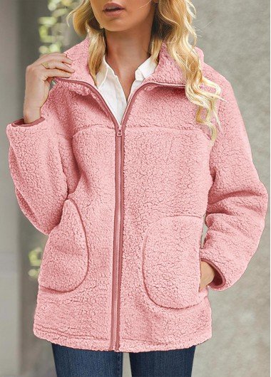 Pink Plush Long Sleeve Turn Down Collar Coat