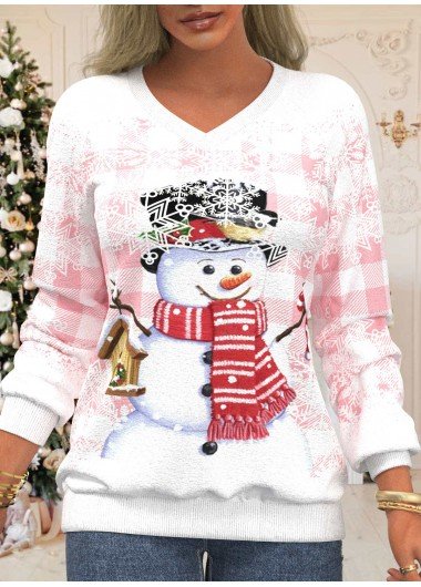 Pink Christmas Print Long Sleeve V Neck Sweatshirt