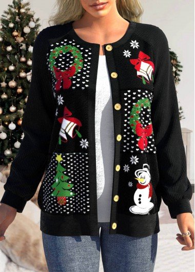 Black Patchwork Christmas Print Long Sleeve Coat