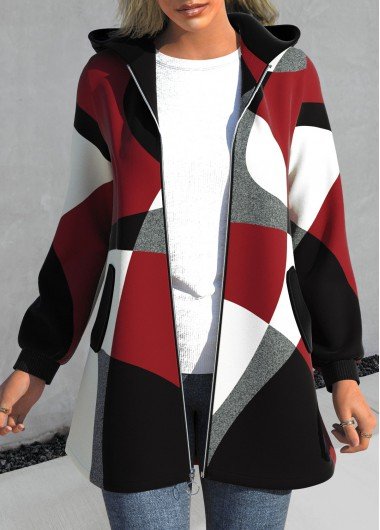 Red Zipper Geometric Print Long Sleeve Hooded Jacket