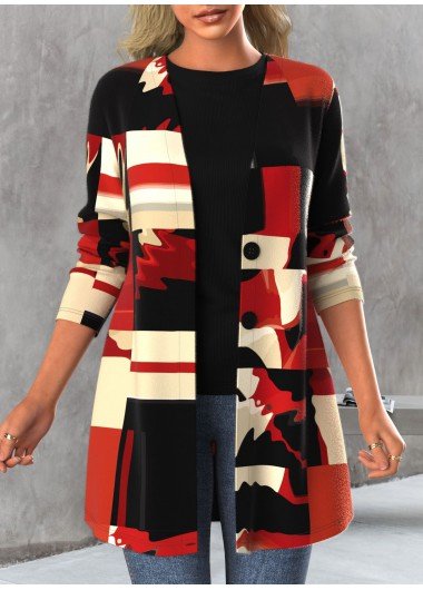 Red Button Geometric Print Long Sleeve Cardigan