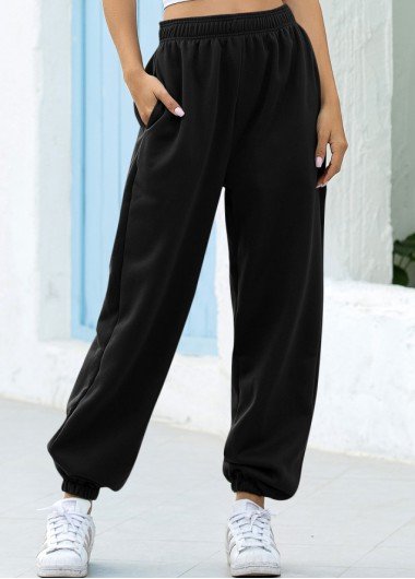 Black Pocket Elastic Design High Waisted Jogger Pants