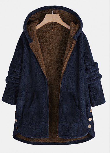 Navy Plush Long Sleeve Hooded Coat