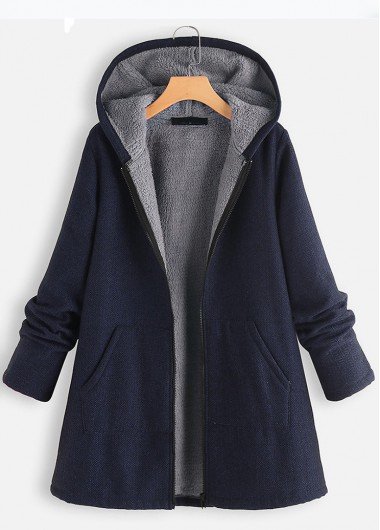 Navy Pocket Long Sleeve Hooded Coat