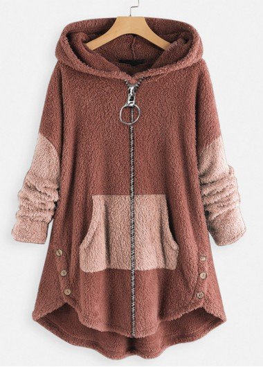 Pink Plush Long Sleeve Hooded Coat