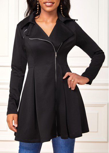 Black Zipper Long Sleeve Lapel Coat