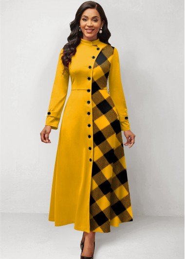 Yellow Plaid Maxi Long Sleeve Stand Collar Dress