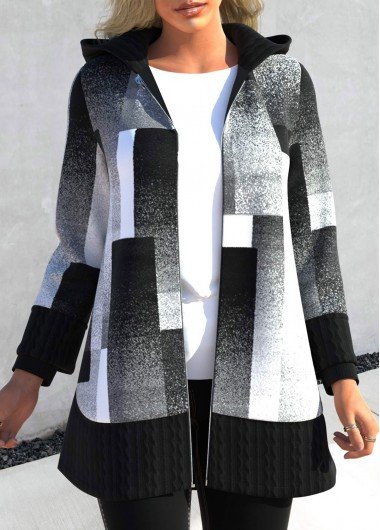 Black Patchwork Geometric Print Long Sleeve Hooded Coat