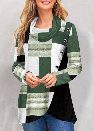 Green Patchwork Geometric Print Long Sleeve Sweatshirt