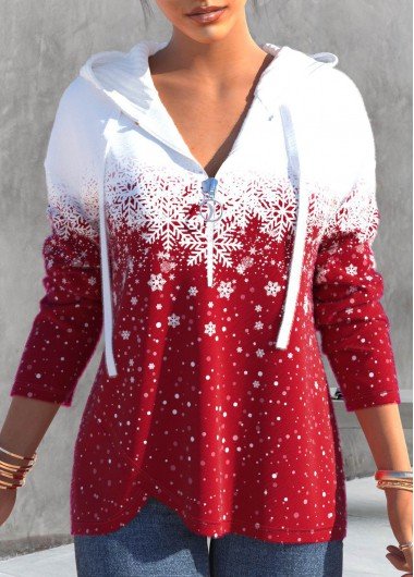 Red Zipper Christmas Snowflake Print Long Sleeve Hoodie