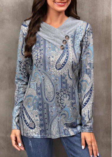 Grey Button Paisley Print Long Sleeve T Shirt