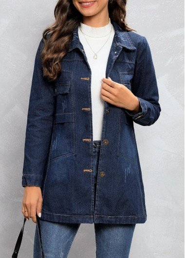 Denim Blue Pocket Long Sleeve Shirt Collar Jacket