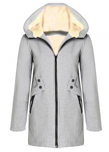 Grey Pocket Long Sleeve Hooded Coat