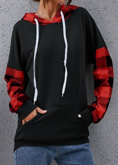 Black Pocket Plaid Long Sleeve Hoodie