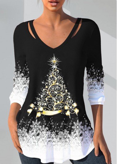 Black Cut Out Christmas Tree Print T Shirt