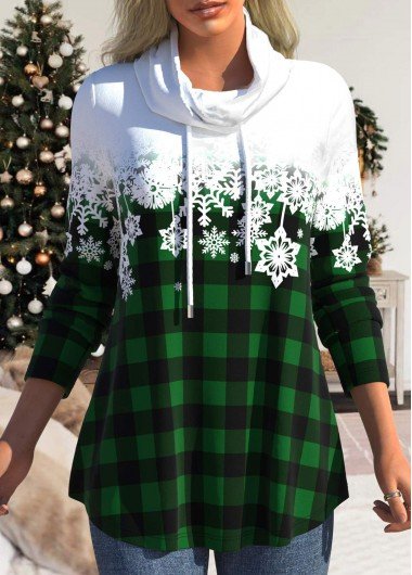 Green Drawstring Snowflake Print Long Sleeve Sweatshirt