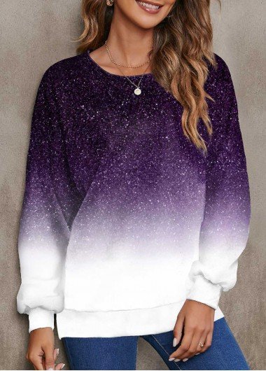 Purple Ombre Long Sleeve Round Neck Sweatshirt