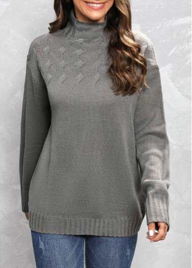 Dark Grey Cable Long Sleeve Turtleneck Sweater