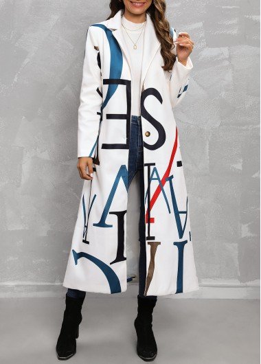 White Pocket Letter Print Long Sleeve Lapel Coat