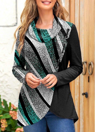 Green Patchwork Geometric Print Long Sleeve Sweatshirt