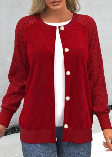 Red Lace Panel Button Up Round Neck Cardigan