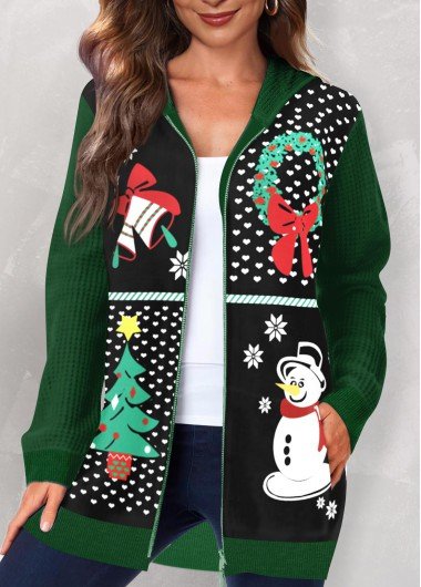 Green Pocket Christmas Print Long Sleeve Hooded Coat