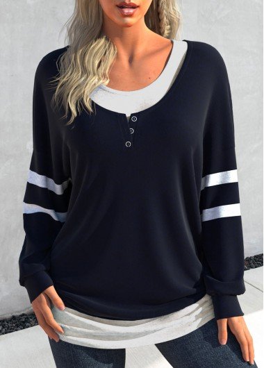 Navy Patchwork Long Sleeve Round Neck Sweatshirt