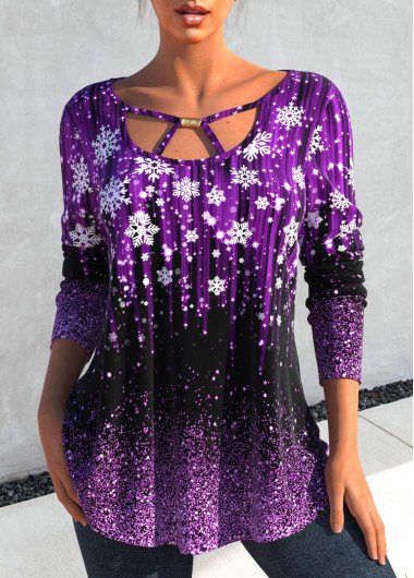 Violet Cut Out Snowflake Print T Shirt