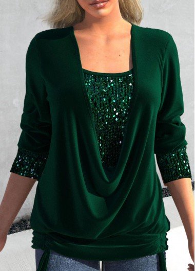 Green Sequin Long Sleeve Square Neck T Shirt