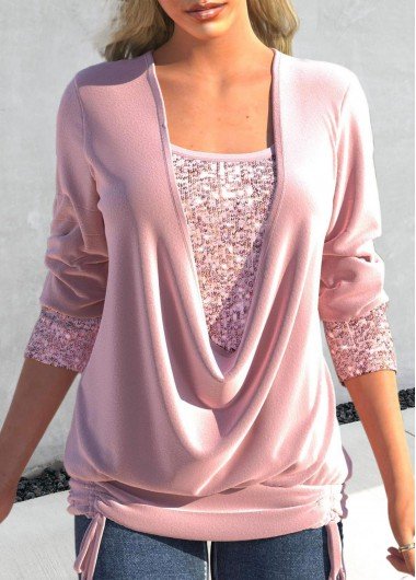 Light Pink Sequin Long Sleeve T Shirt