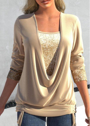 Champagne Sequin Long Sleeve Square Neck T Shirt