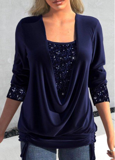 Navy Sequin Long Sleeve Square Neck T Shirt