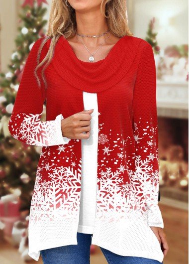 Red Fake 2in1 Snowflake Print Long Sleeve Sweatshirt