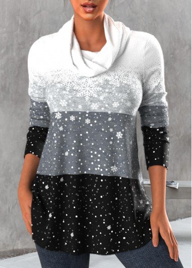 Grey Snowflake Print Long Sleeve Cowl Neck Sweatshirt