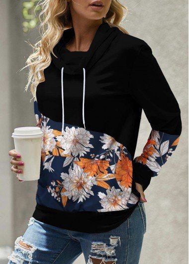 Black Pocket Floral Print Long Sleeve Sweatshirt