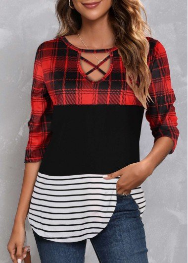 Red Patchwork Plaid Long Sleeve T Shirt