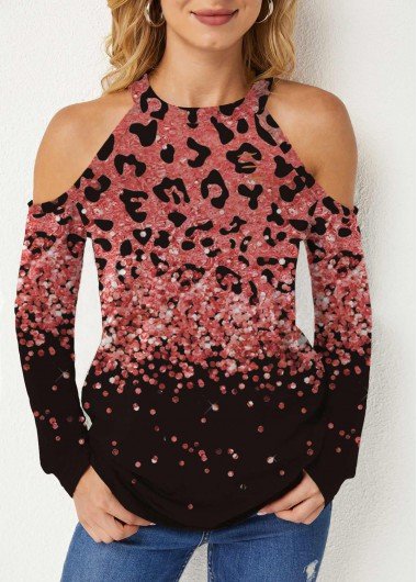 Pink Leopard Long Sleeve Round Neck Sweatshirt