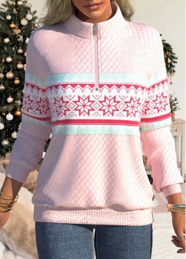 Light Pink Zipper Snowflake Print Long Sleeve Sweatshirt