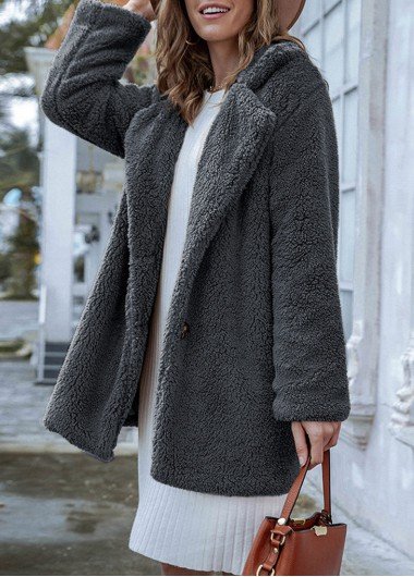 Dark Grey Button Long Sleeve Lapel Coat