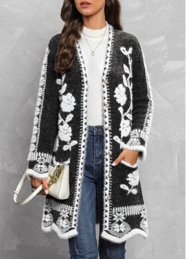 Black Pocket Floral Design Long Sleeve Cardigan