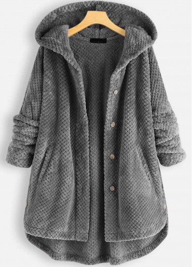 Grey Pocket Long Sleeve Hooded Coat